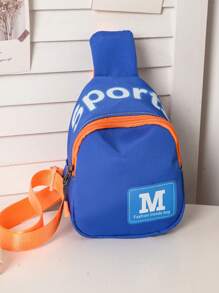 男孩字母圖案滌綸拉鍊單肩包 - 藍色 - 查看 1