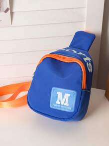 男孩字母圖案滌綸拉鍊單肩包 - 藍色 - 查看 2