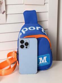 男孩字母圖案滌綸拉鍊單肩包 - 藍色 - 查看 5