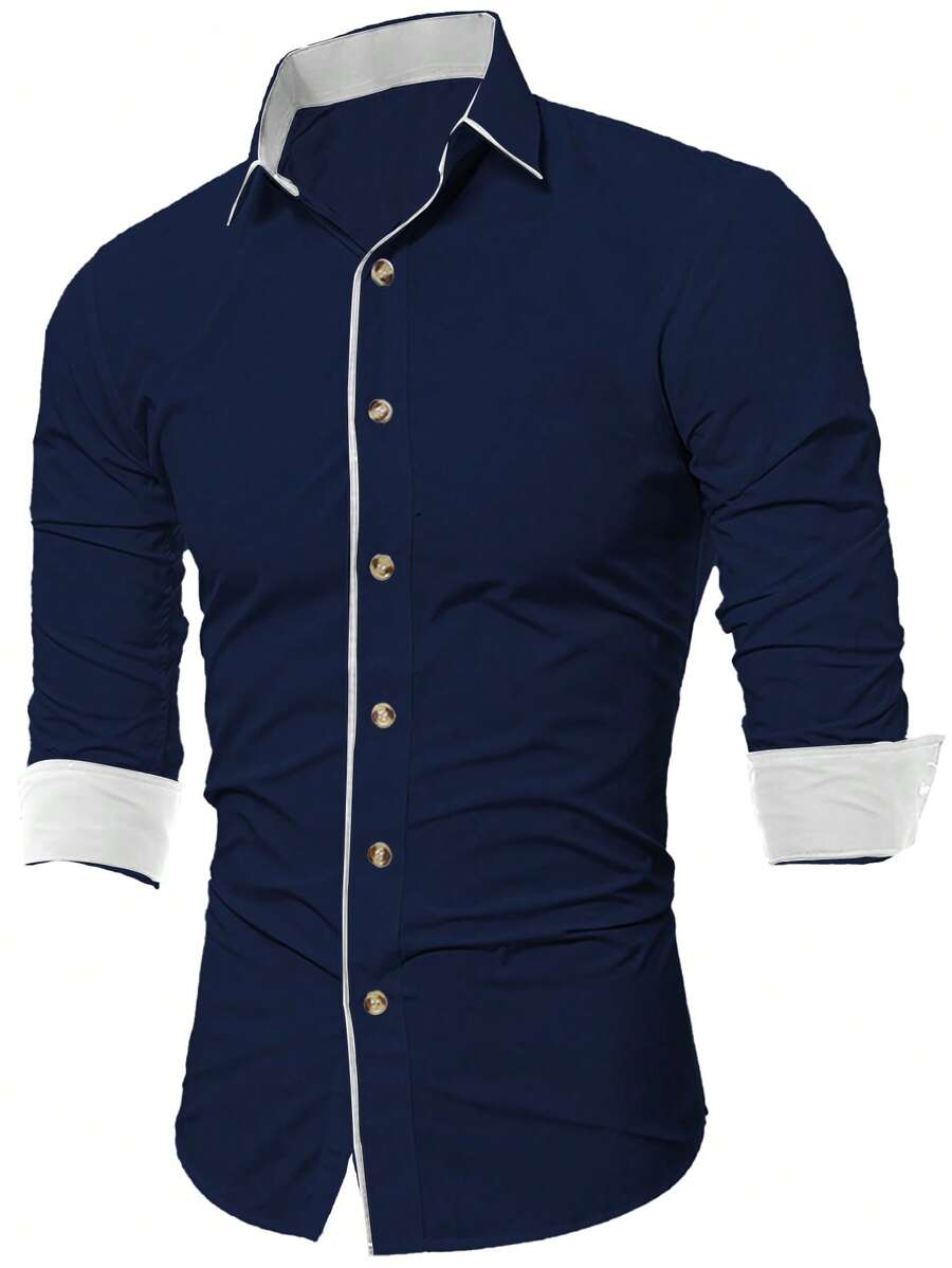 男士拼接邊前排扣襯衫 - 藏蓝色 - 查看 1