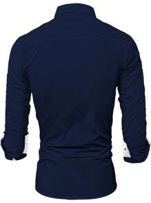 男士拼接邊前排扣襯衫 - 藏蓝色 - 查看 2