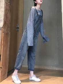 Petos mezclilla unicolor con bolsillo delantero crop - Azul lavado medio - Ver 3