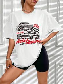 SHEIN Unity Car & Letter Graphic Drop Shoulder Tee - White - View 4