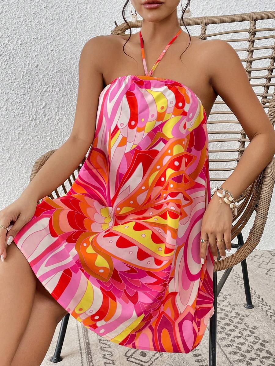 SHEIN VCAY Allover Print Tie Backless Halter Dress - Multicolor - View 1