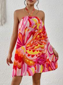 SHEIN VCAY Allover Print Tie Backless Halter Dress - Multicolor - View 4