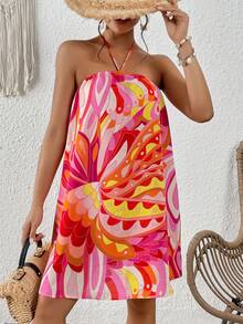 SHEIN VCAY Allover Print Tie Backless Halter Dress - Multicolor - View 6