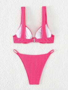 素色帶鋼圈比基尼泳裝 - 玫紅色 - 查看 4