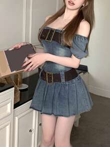 Vestido mezclilla con lavado de hombros descubiertos con cinturón - Azul lavado medio - Ver 3