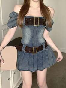 Vestido mezclilla con lavado de hombros descubiertos con cinturón - Azul lavado medio - Ver 5