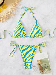 斑馬條紋掛脖三角杯比基尼泳裝 - 彩色 - 查看 1