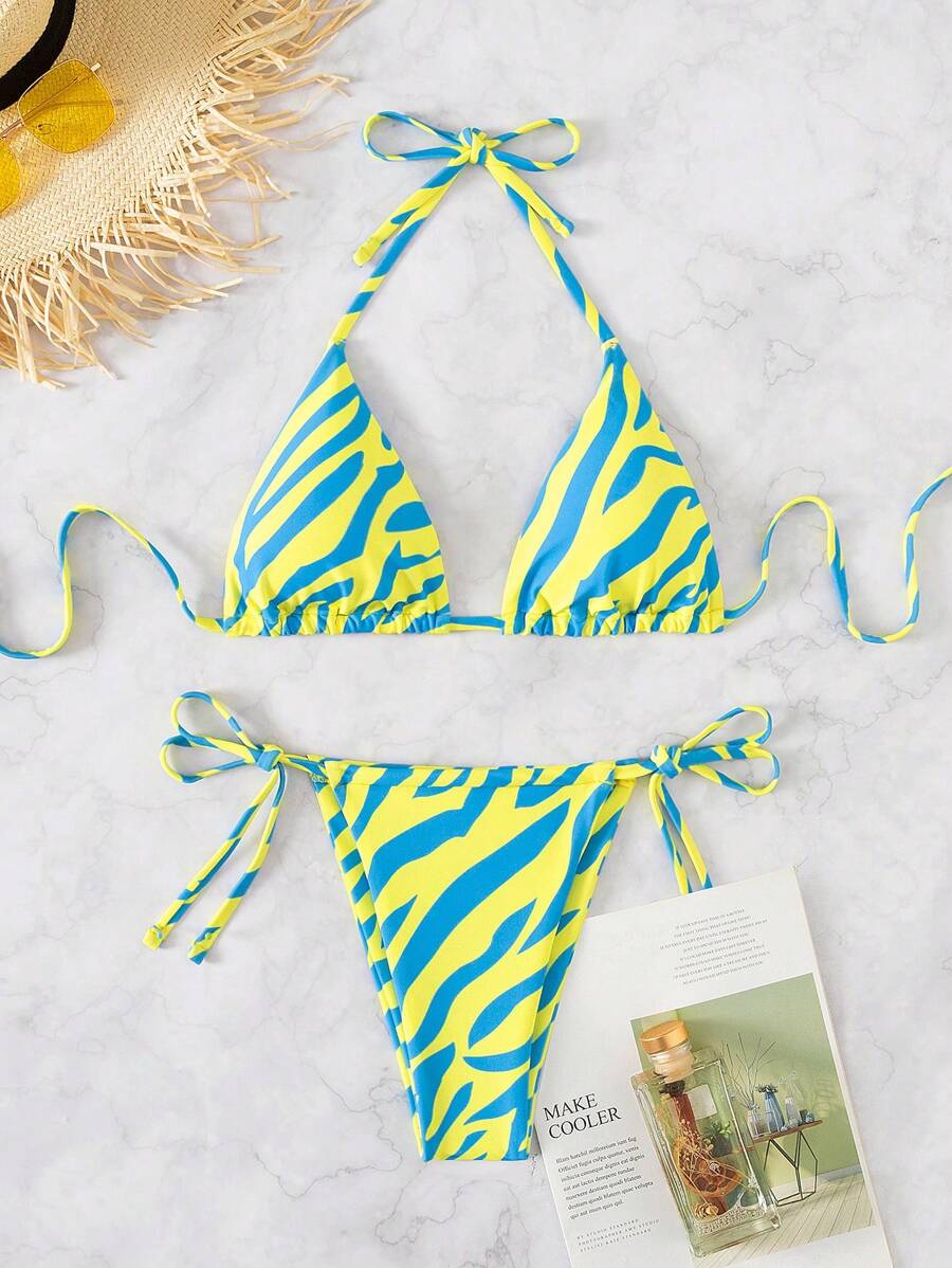 斑馬條紋掛脖三角杯比基尼泳裝 - 彩色 - 查看 1