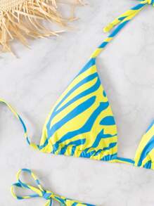 斑馬條紋掛脖三角杯比基尼泳裝 - 彩色 - 查看 3