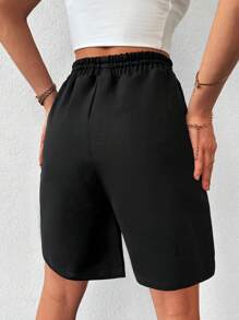 EURMUSE Cottnline Letter Graphic Drawstring Waist Petite Shorts - Black - View 7