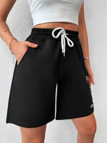 EURMUSE Cottnline Letter Graphic Drawstring Waist Petite Shorts - Black - View 3