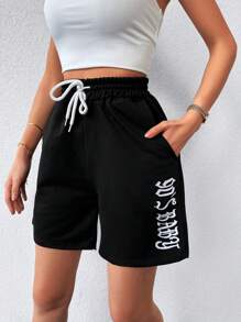 EURMUSE Cottnline Letter Graphic Drawstring Waist Petite Shorts - Black - View 9