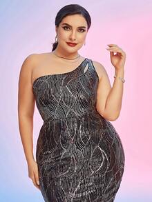Plus One Shoulder Sequin Bodycon Dress - Dark Grey - View 5