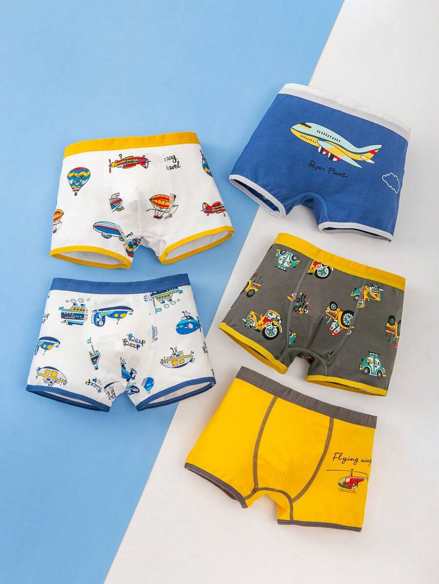 5pcs/Lot Letter, Game Machine & Multi-Color Printed Boxer Briefs For Tween Boys, Cartoon Street Style - Multicolor - View 1