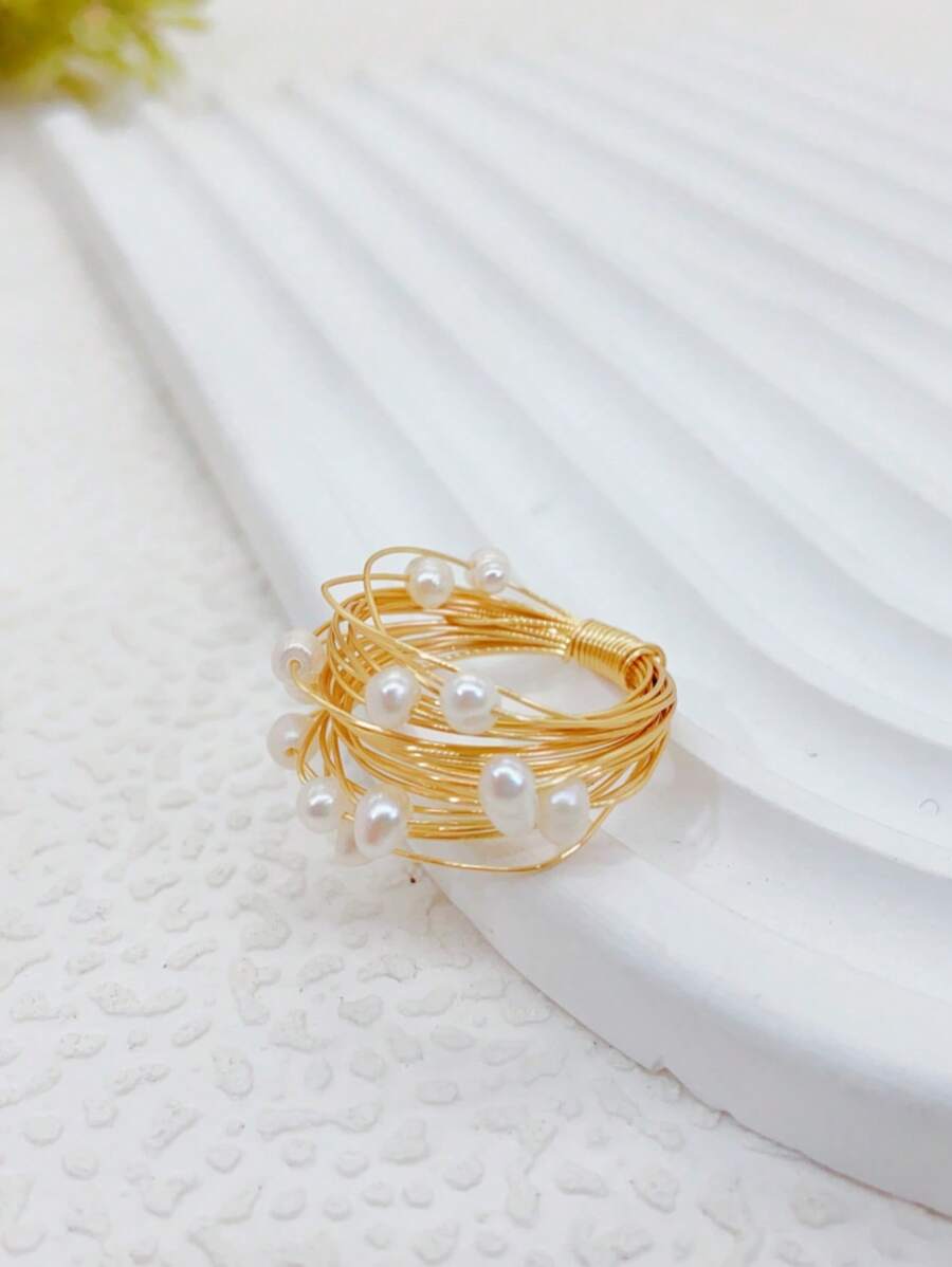 人造珍珠裝飾戒指 - 彩色 - 查看 1
