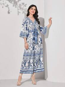 Seusyu 印花腰帶闊腿連體褲 - 藍白色 - 查看 5