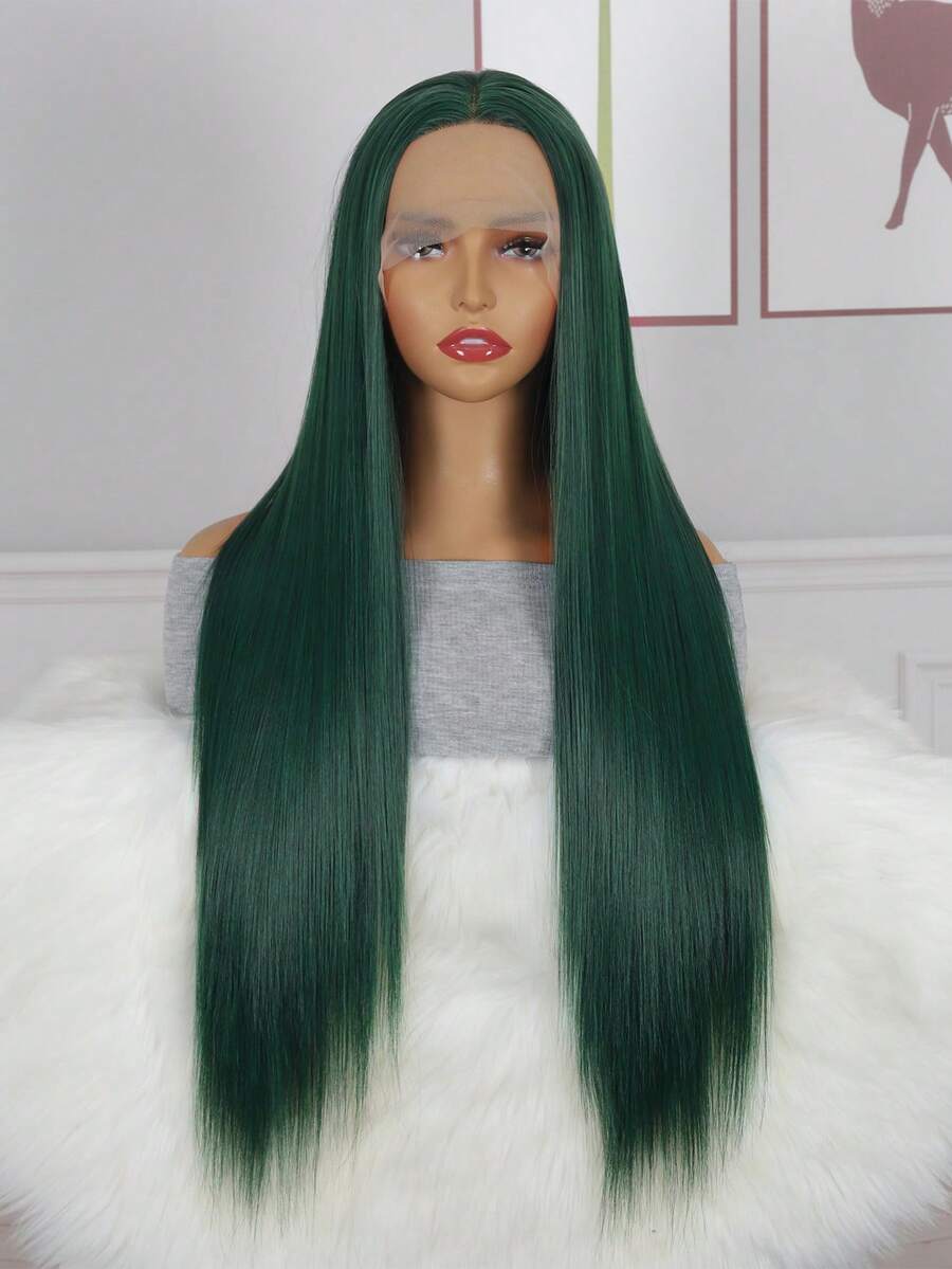 13*2.5蕾絲假髮黑色綠色真絲直筒合成假髮適合女士