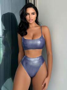 Metallic High Waisted Bikini Set - Purple - View 7