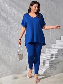 SHEIN LUNE 大碼素色下擺開叉T恤和緊身褲 - 藏蓝色 - 查看 4