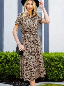 Dalmatian Print Belted Shirt Dress - Khaki - View 5