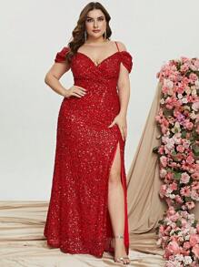Plus Size Cold Shoulder Split Thigh Sequin Formal Dress Party Dress Wedding Guest Dress Evening Dress