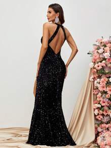 Split Thigh Sequin Halter Dress