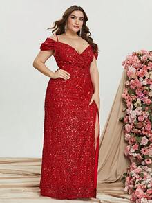 Plus Size Cold Shoulder Split Thigh Sequin Formal Dress Party Dress Wedding Guest Dress Evening Dress