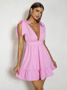 D&M Plunge Neck Tie Shoulder Ruffle Hem Dress - Pink - View 3