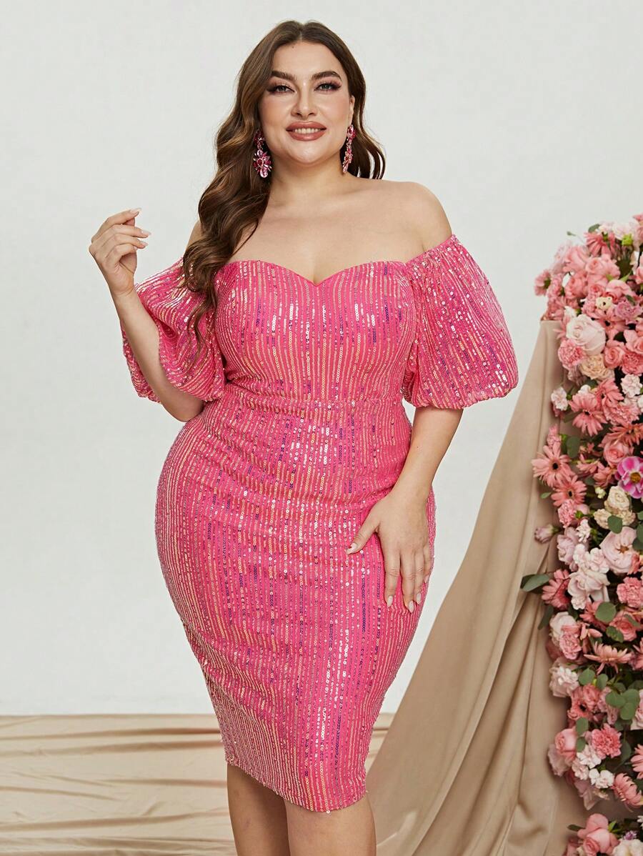 Đầm Plus Size Chia Dây kéo ghép mộng kim sa màu trơn Buổi tiệc - Màu Hồng Tươi - Xem 1