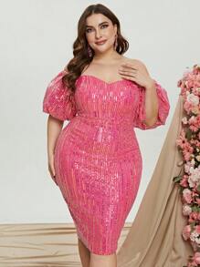 Đầm Plus Size Chia Dây kéo ghép mộng kim sa màu trơn Buổi tiệc - Màu Hồng Tươi - Xem 3