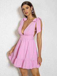 D&M Plunge Neck Tie Shoulder Ruffle Hem Dress - Pink - View 5
