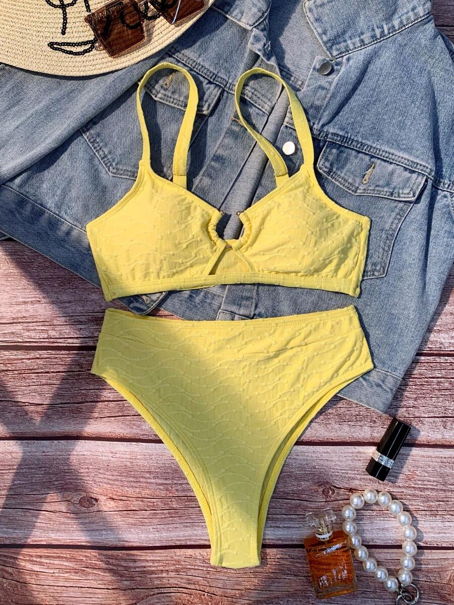 Swim Mod 素色鏤空比基尼泳裝 - 黃色 - 查看 1
