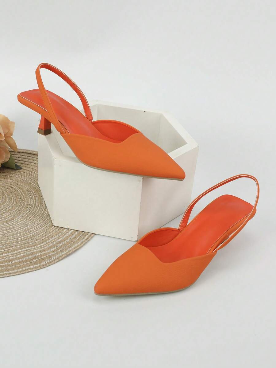 Women Point Toe Pyramid Heeled Pumps, Funky Orange Slingback Pumps