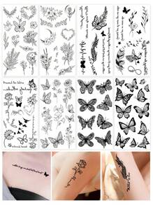 8sheets Floral & Butterfly Print Tattoo Sticker - Black - View 1