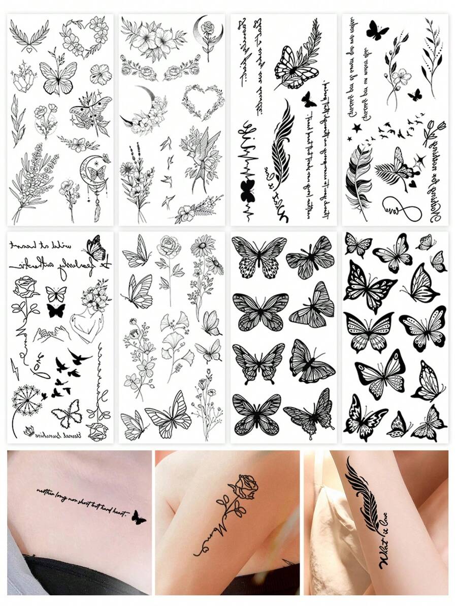 8sheets Floral & Butterfly Print Tattoo Sticker - Black - View 1