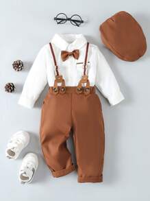 SHEIN 男嬰前蝴蝶結襯衫和背帶褲和帽套裝