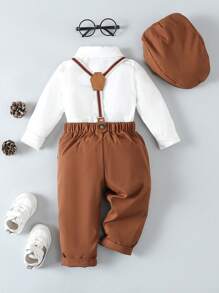 SHEIN 男嬰前蝴蝶結襯衫和背帶褲和帽套裝