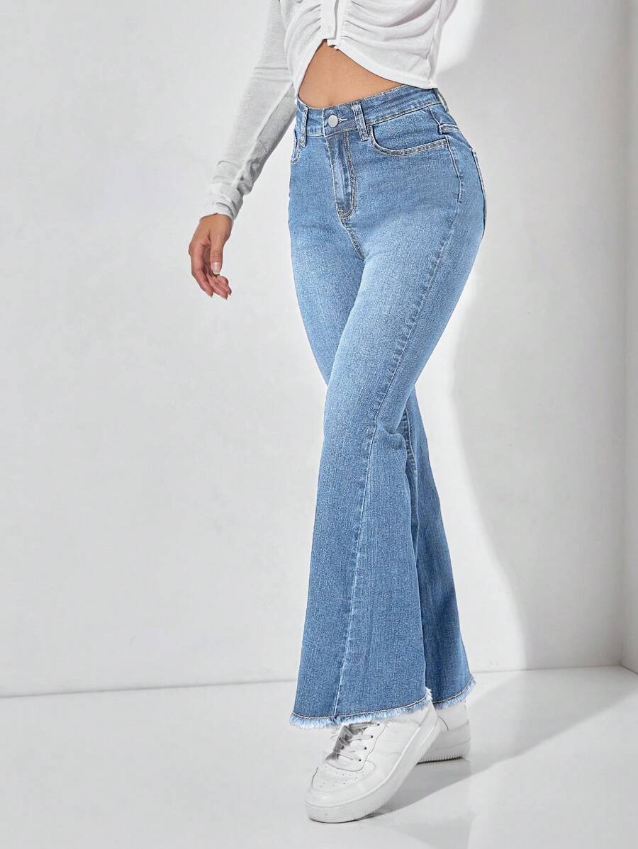 SHEIN PETITE High Waist Raw Hem Flare Leg Jeans - Light Wash - View 1