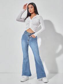 SHEIN PETITE High Waist Raw Hem Flare Leg Jeans - Light Wash - View 5