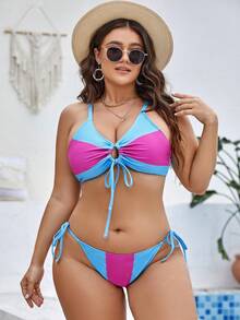加大尺碼彩塊綁邊比基尼套裝，夏季海灘必備 - 彩色 - 查看 5