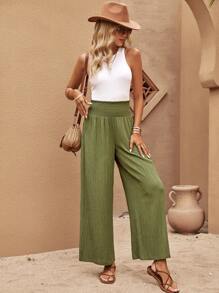 SHEIN LUNE Solid Wide Leg Trousers - Green - View 3