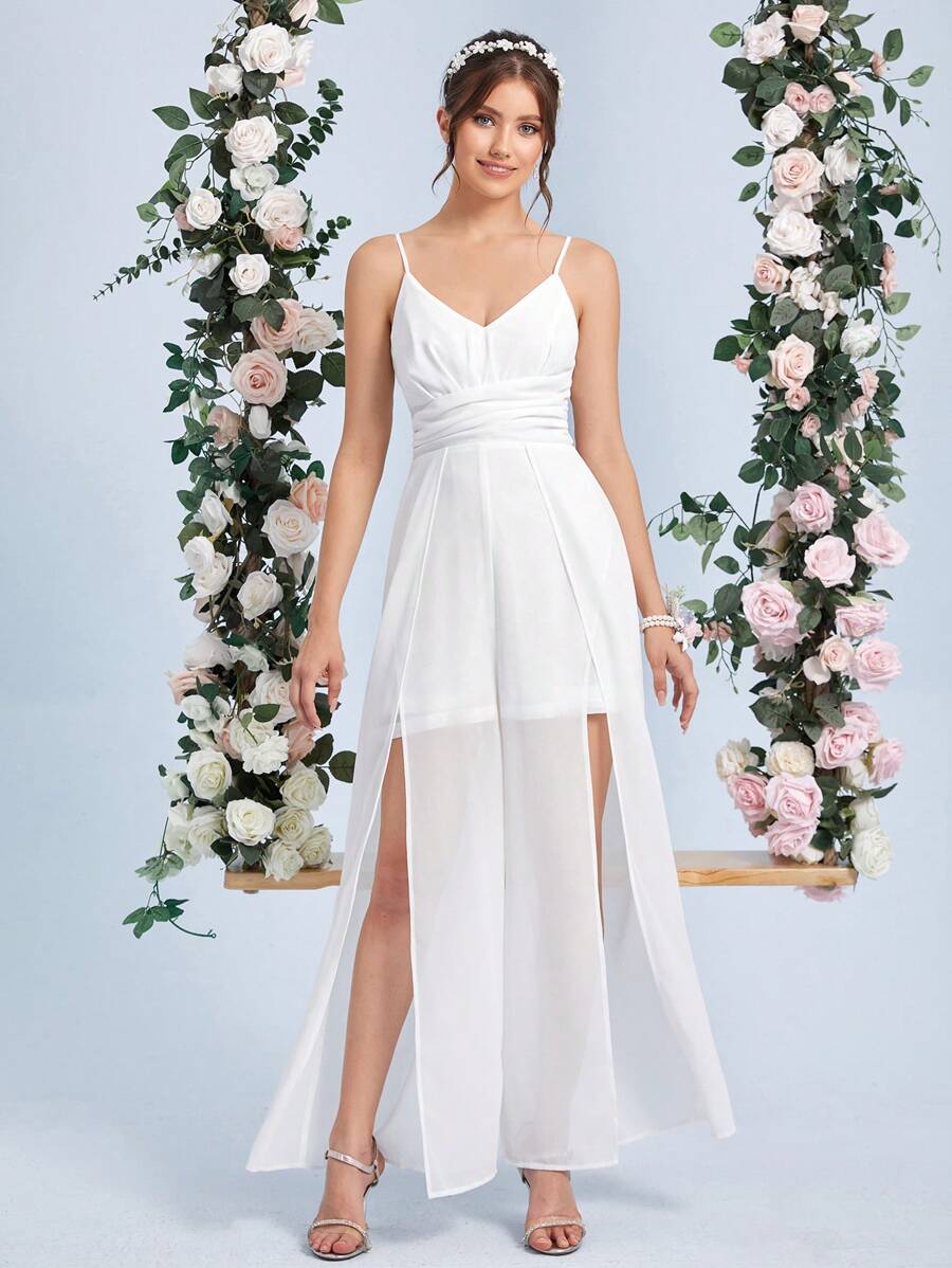 SHEIN Belle 高衩吊帶連體褲 - 白色 - 查看 1