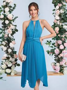 SHEIN Belle Keyhole Neckline Twist Front Pleated Hem Halter Neckline Dress - Blue - View 3