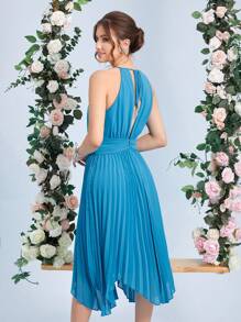SHEIN Belle Keyhole Neckline Twist Front Pleated Hem Halter Neckline Dress - Blue - View 2