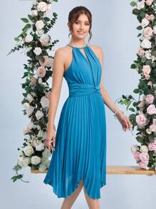 SHEIN Belle Keyhole Neckline Twist Front Pleated Hem Halter Neckline Dress - Blue - View 5