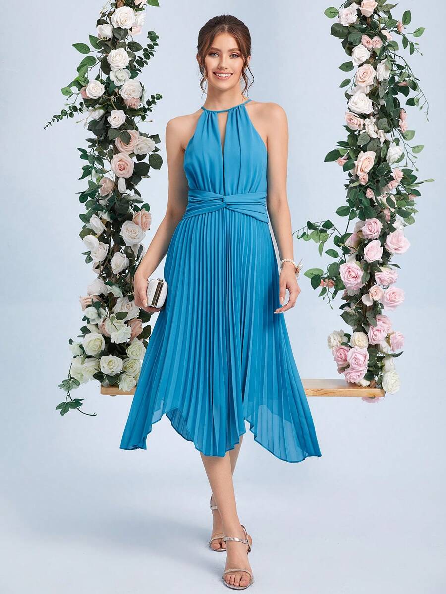 SHEIN Belle Keyhole Neckline Twist Front Pleated Hem Halter Neckline Dress - Blue - View 1