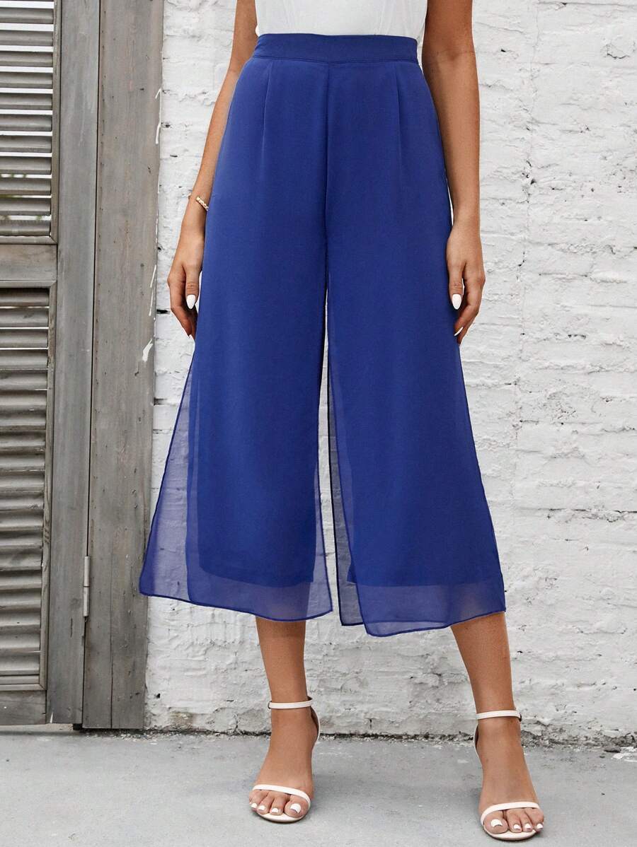 SHEIN Essnce 素色闊腿褲 - 藍色 - 查看 1